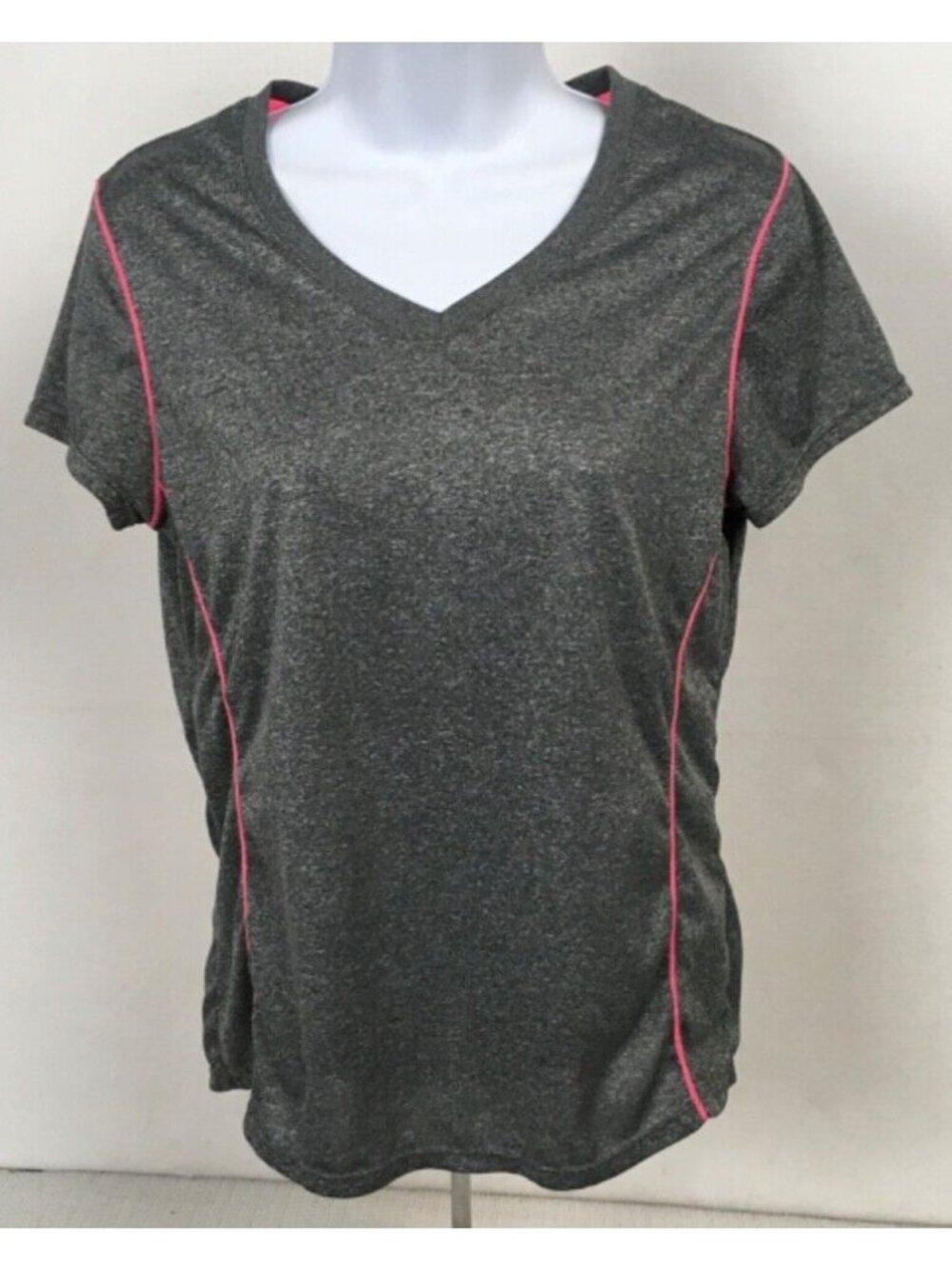 Layer 8 Performance Top Women Size M Gray with Pink Accent Quick Dry V neck